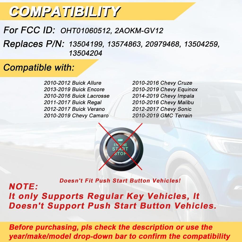Key Fob for 14-19 Buick Encore/ 11-17 Regal/ 12-17 Verano/ 10-19 Chevy Equinox Camaro/ 11-16 Cruze Malibu/ 14-19 Impala/ 12-17 Sonic Keyless, 2Pcs