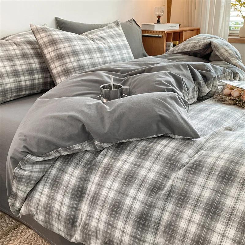 New Pure Cotton Labeled Bedding Set Simple Solid Double-Sided Color Quilt Cover Sets Soft Cozy Breathable Textile Supplies