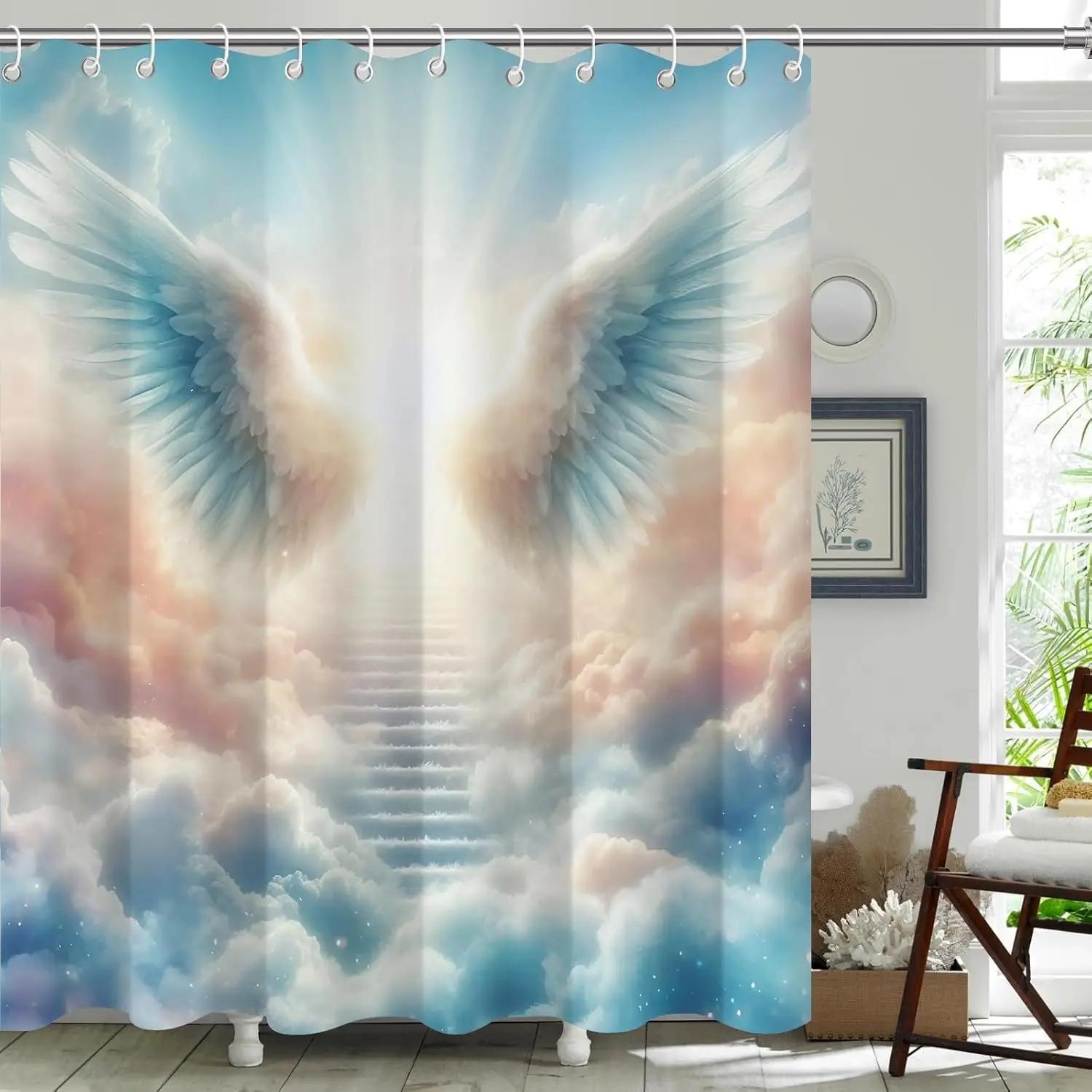 

Blue Funny Angel Wings Shower Curtain, Waterproof Fabric Shower Curtain For Bathroom Cute Home Decoration, 180X180Cm W60H190(CM)-1 Pcs