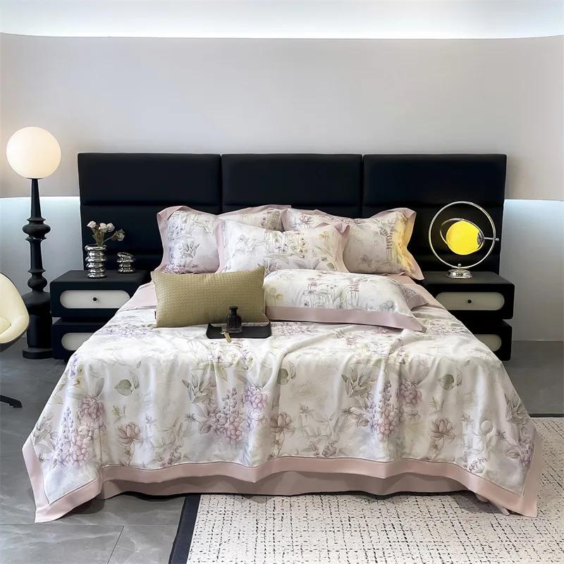 

2025 Summer Lyocell Washable Summer Cool Quilt 4-piece Flower Printing Hollow Edge Cool Air Conditioning Quilt Green Pink Grey 200x230cm 1pcs