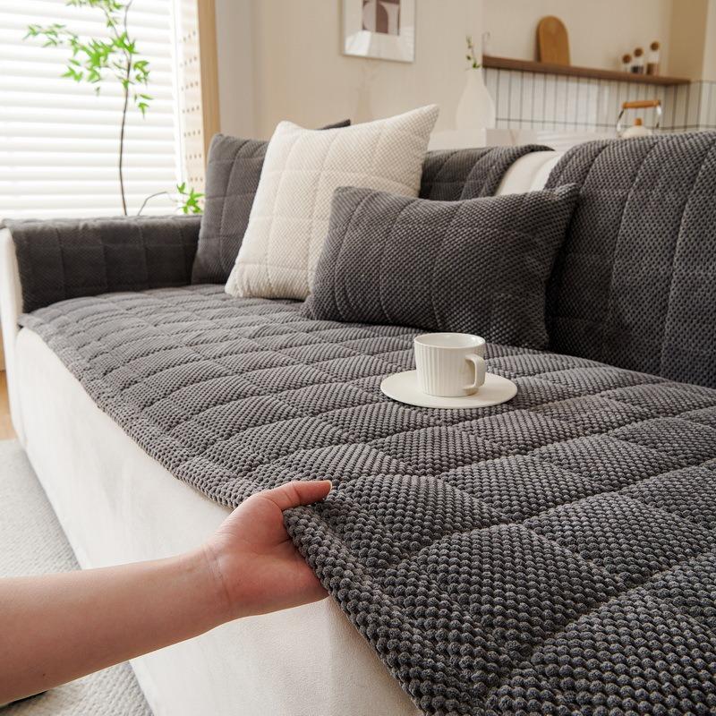 1Count Checker Pattern Couch Elastic Cover Plain Color Padded Snuggly Plush Couch Throw Covers Grippy Couch Elastic Covers Sofa Cushion Mat For