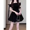 One-word shoulder off-the-shoulder black dress women's summer casual new beautiful puffy bud skirt