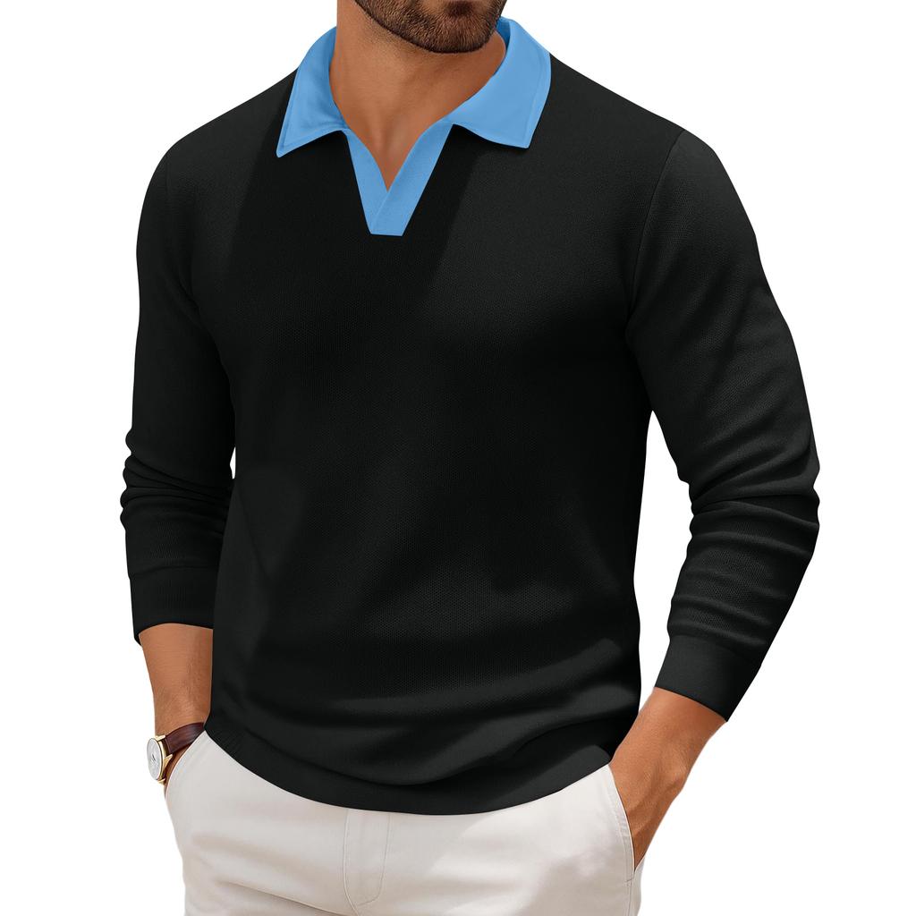Men's Casual Color-Block Collared Long-Sleeve Knit Base Layer Top