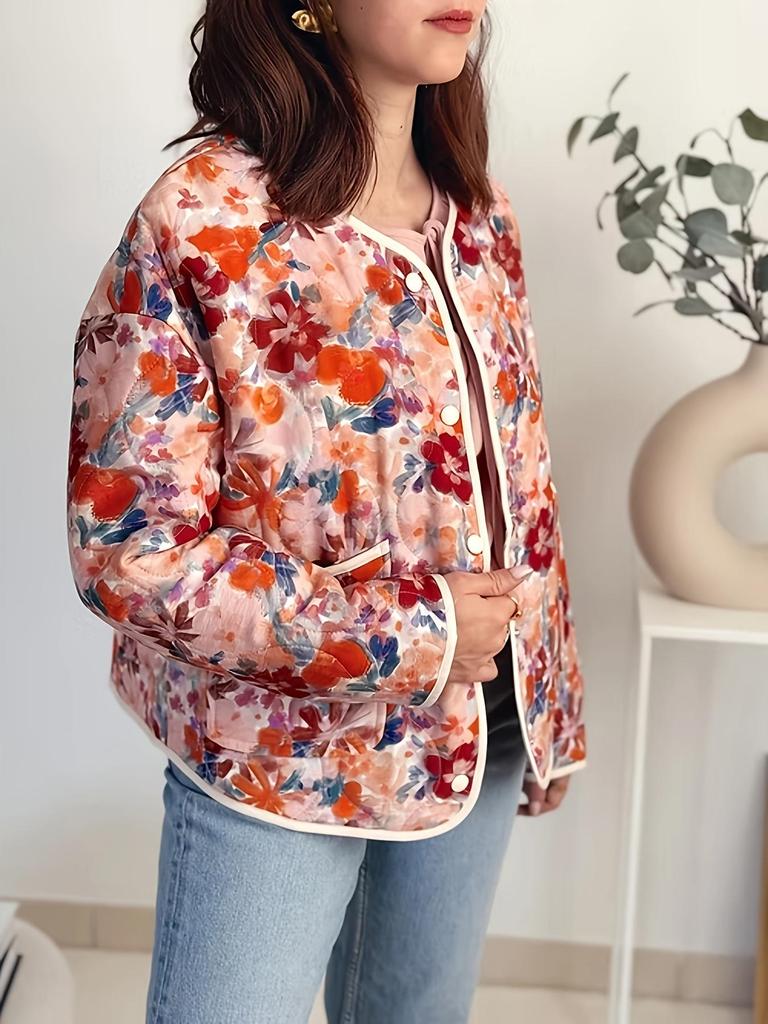 European and American Style Women's 2025 Retro Print Round Neck Single-Breasted Loose Casual Cotton Jacket with Pockets