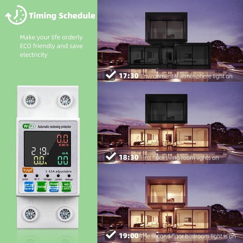 63A Tuya WIFI Smart Switch Circuit Breaker Energy Meter KWh Power Metering Timer Relay Remote Control Life APP Module Protector