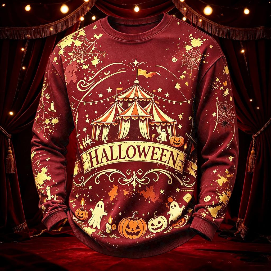 Men's Casual Round Neck Long Sleeve Top with Halloween Print
