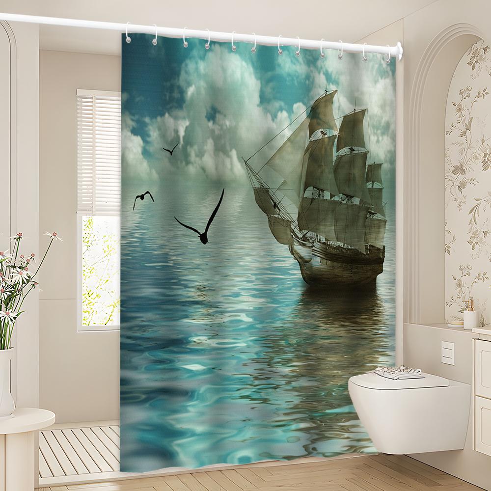 Sailing Ship Shower Curtain, Majestic Wooden Ship With Billowing Sails, Calm Waters & Cloudy Sky, Maritime Bath Decor
