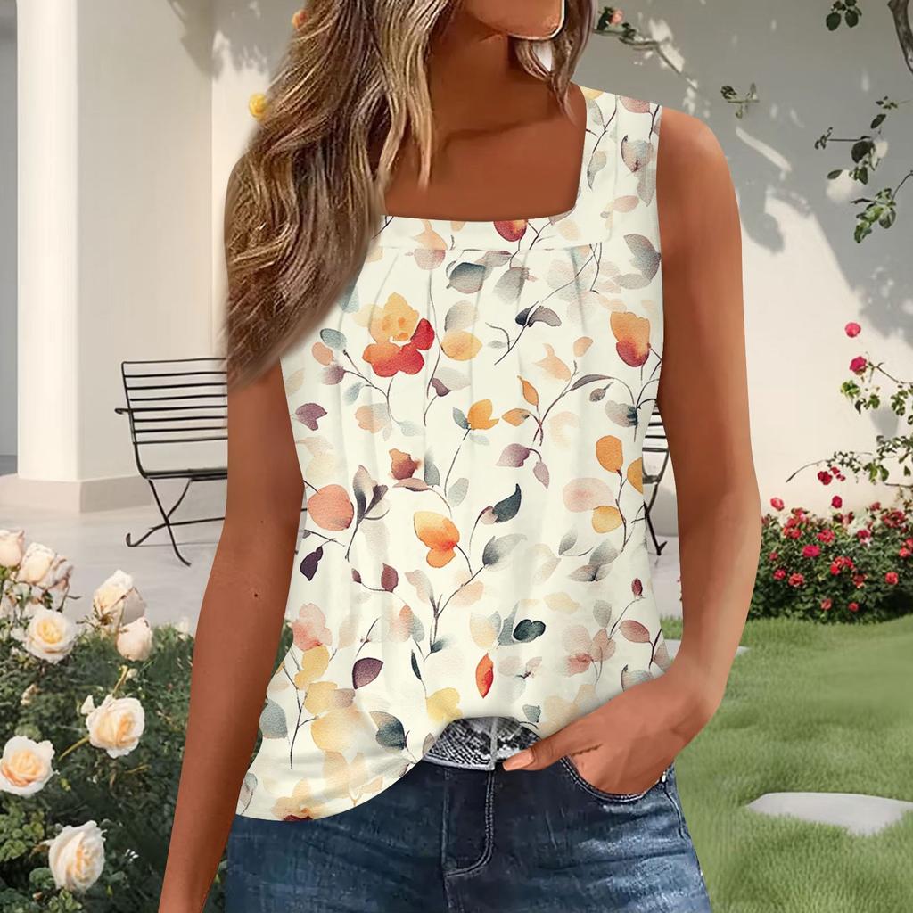 Damenmode Plissiertes bedrucktes Square-Neck West Top