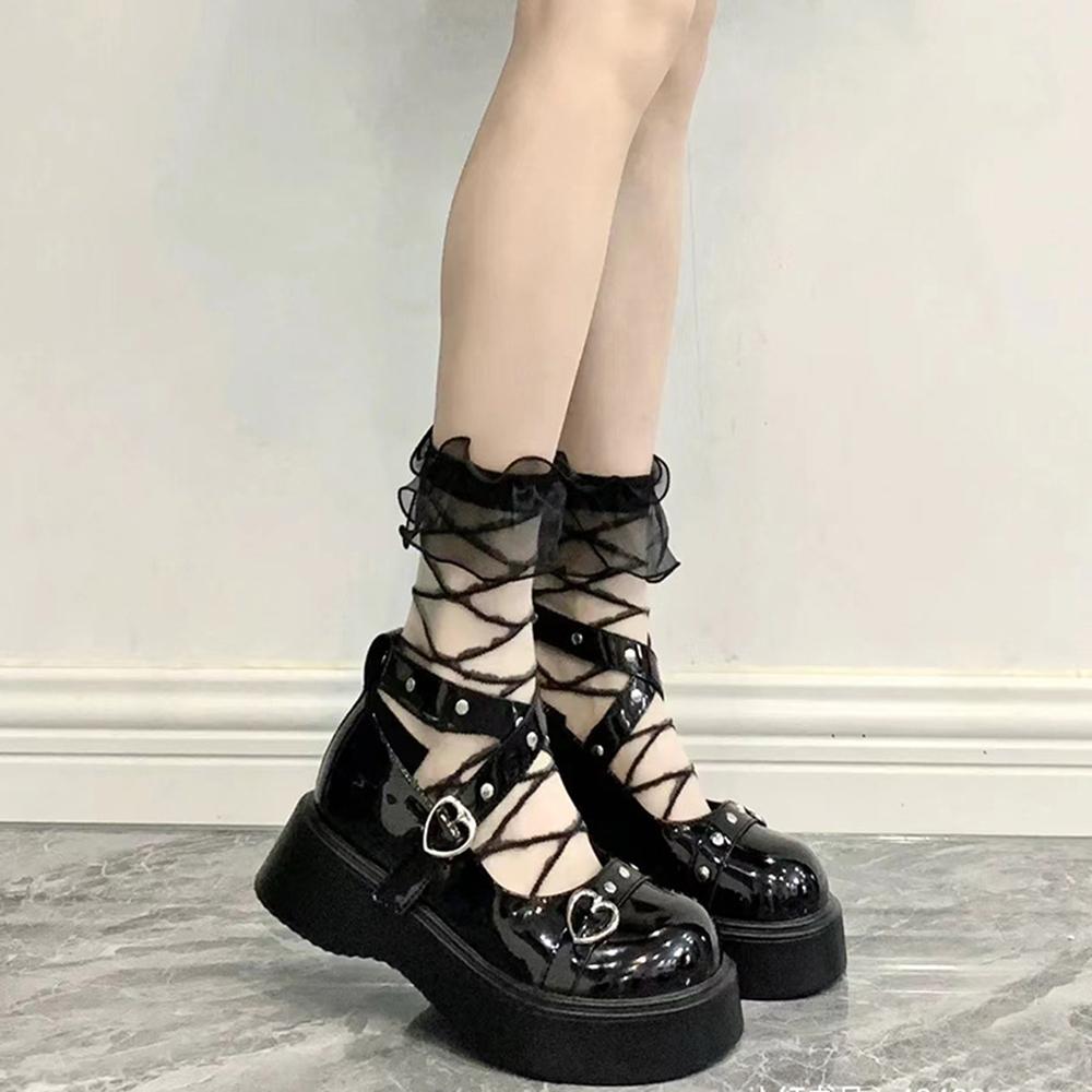 Women Lolita Organza Ruffle Ankle Socks, Summer Sheer Glass Silk Crisscross Strap Mesh Socks, Japanese Sweet Cosplay Short Socks
