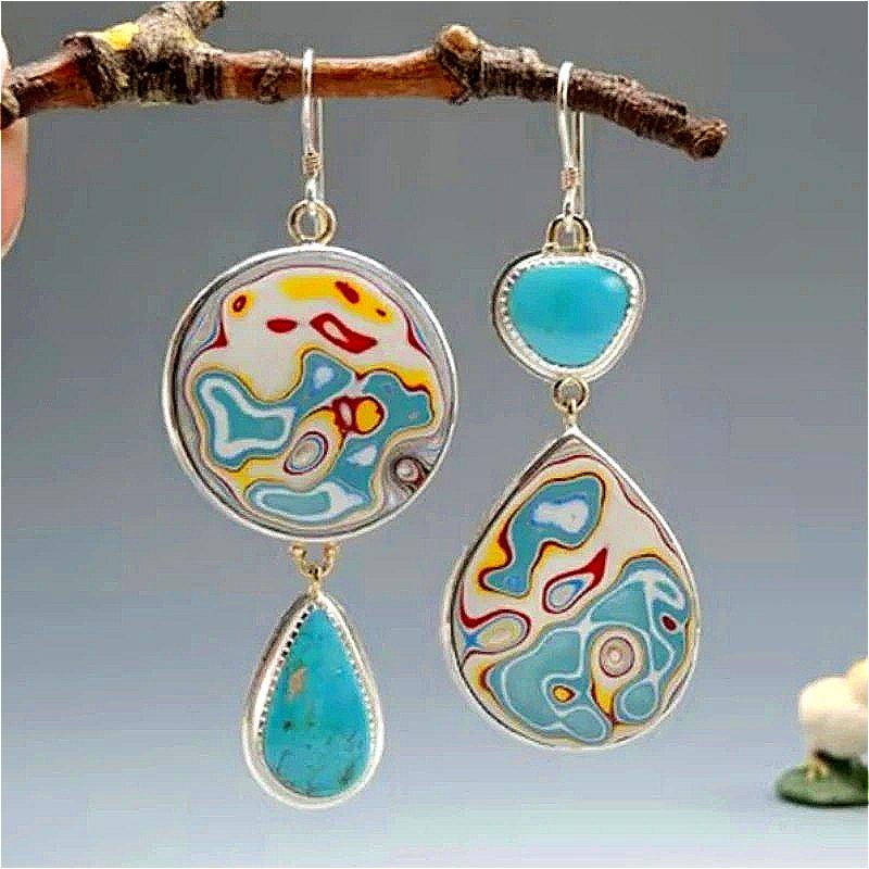 Retro Bohemian-style Colored Synthetic Turquoise Water Drop Shaped Dangle Earrings Women's Elegant Banquet Pendant Jewelry Gifts