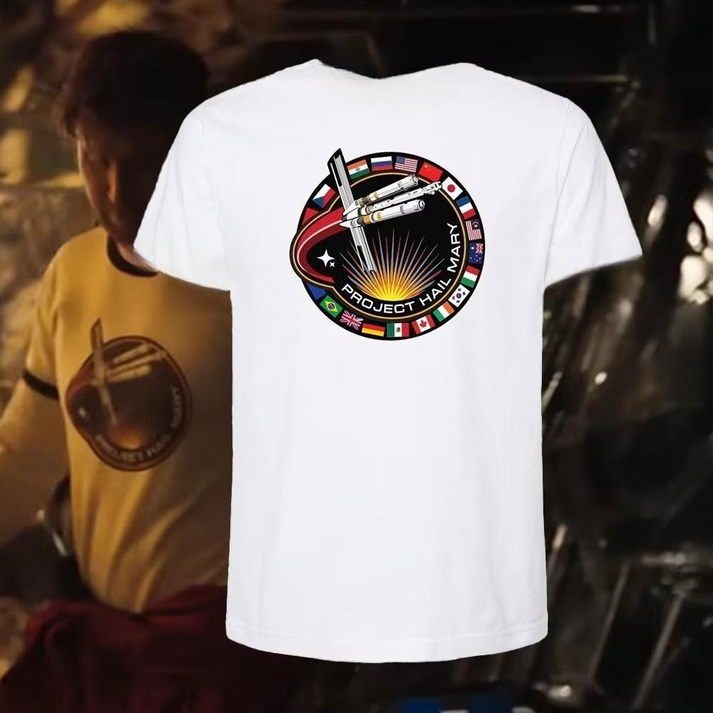 Unisex White Ringer Tshirt Project Hail Mary Circular Patch Rocket International Flag Graphic Space Movie Casual Cotton Tee