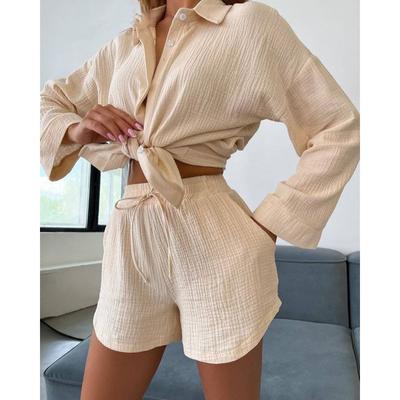 Summer Long Sleeve Two Piece Shirt Set Women Casual Elegant Loose Wide Leg Shorts Fashion Drawstring 2-piece Set Short Pants Simple Outfits 851