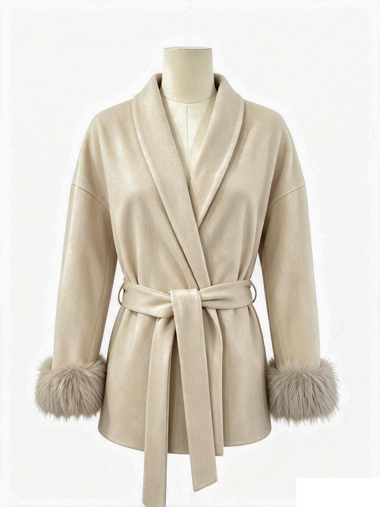 2025 A/W Women's French Tweed Short Coat with Fur Cuffs, V-neck, and Tie-waist - Solid Color.