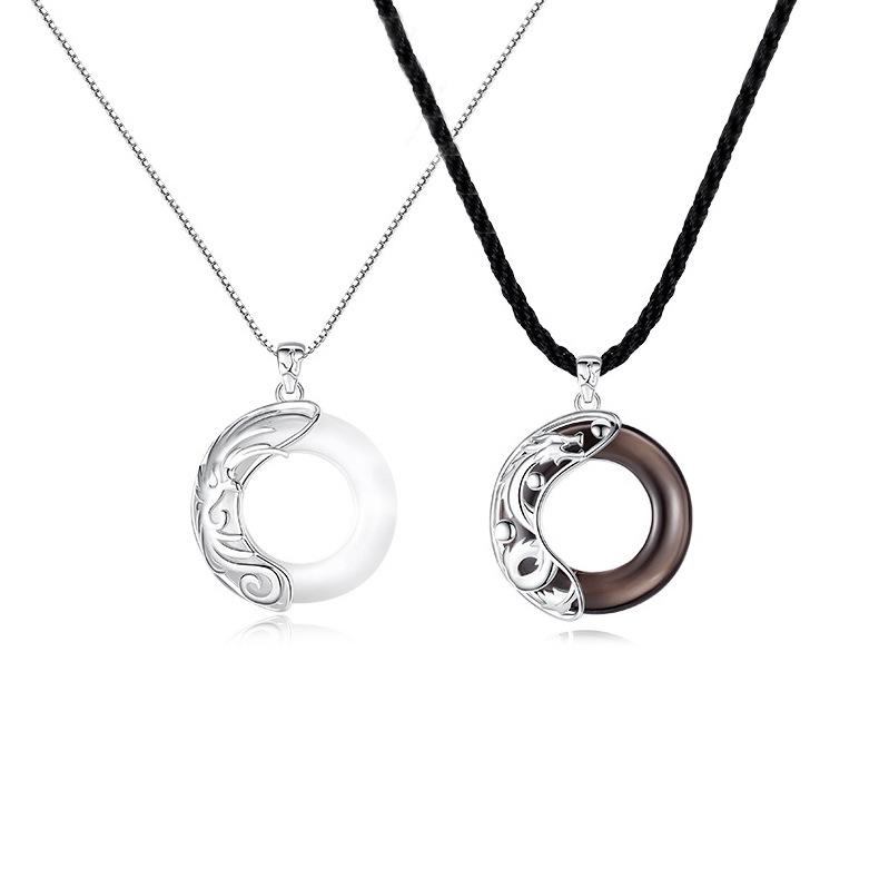 Drache Phönix Partnerkette für Männer und Frauen: Ein Paar Mode Hip Hop Obsidian Katzenaugenstein Anhänger Kette