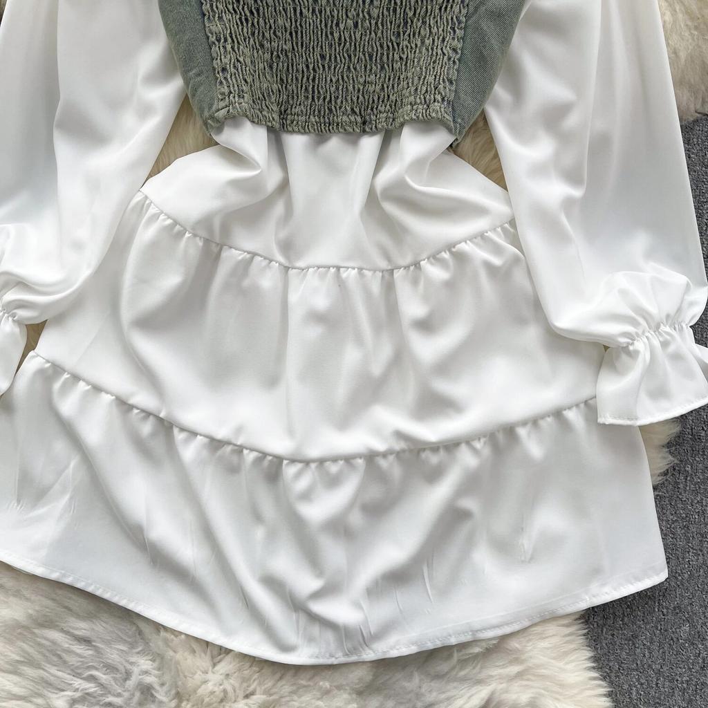 Koreansk Seriekläder Återupplivande Tvådelat Set Topp Retro Kort Jeansväst Trendigt Allmatchande Mellanlångt Skjortset