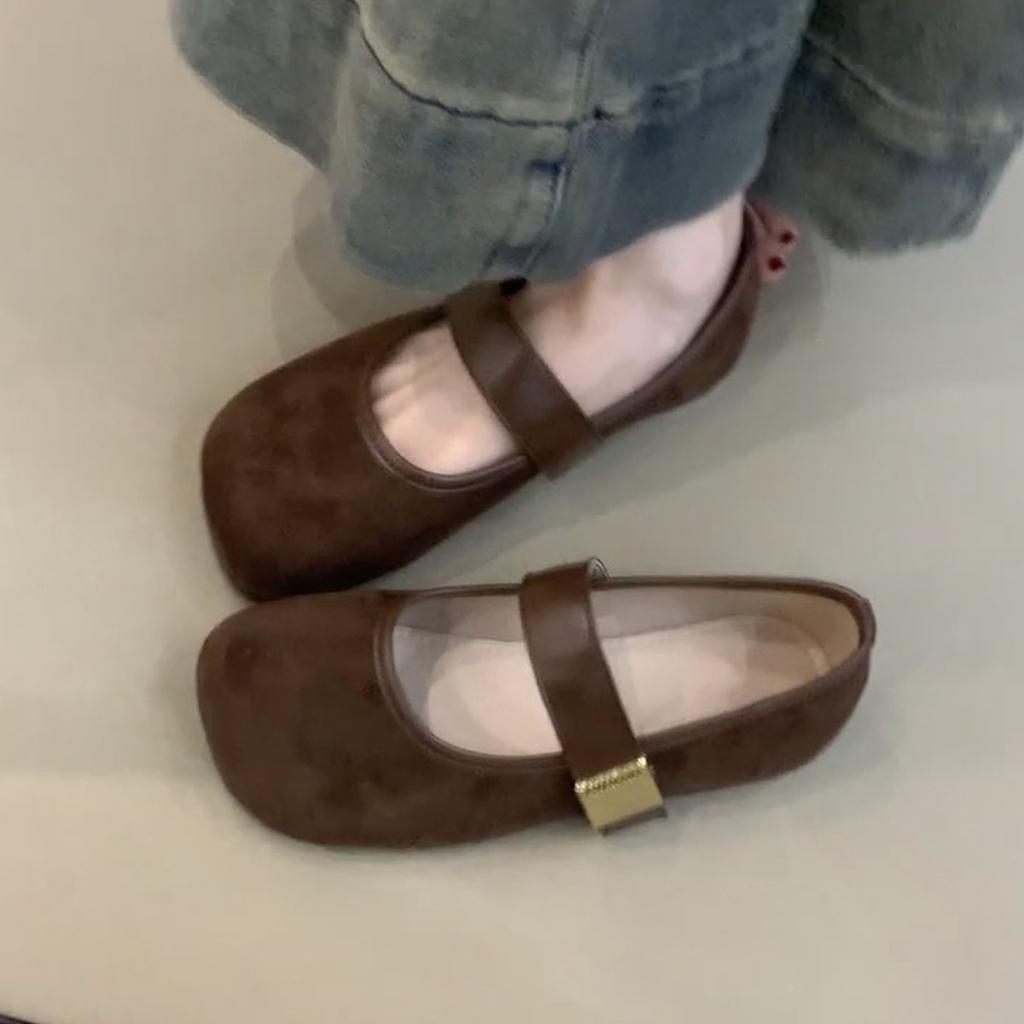 Spot Version~ Retro Round Head Metal Buckle Mary Jane Women's Shoes Suede Temperament Single Shoes Shallow Mouth Flat Ballet Shoes