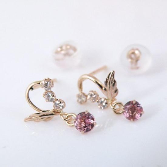 Kotobuki Jewelry October Birthstone Pink Tourmaline Angel of Happiness Earrings in 14K Gold Set with Polishing (Gift Cloth)
