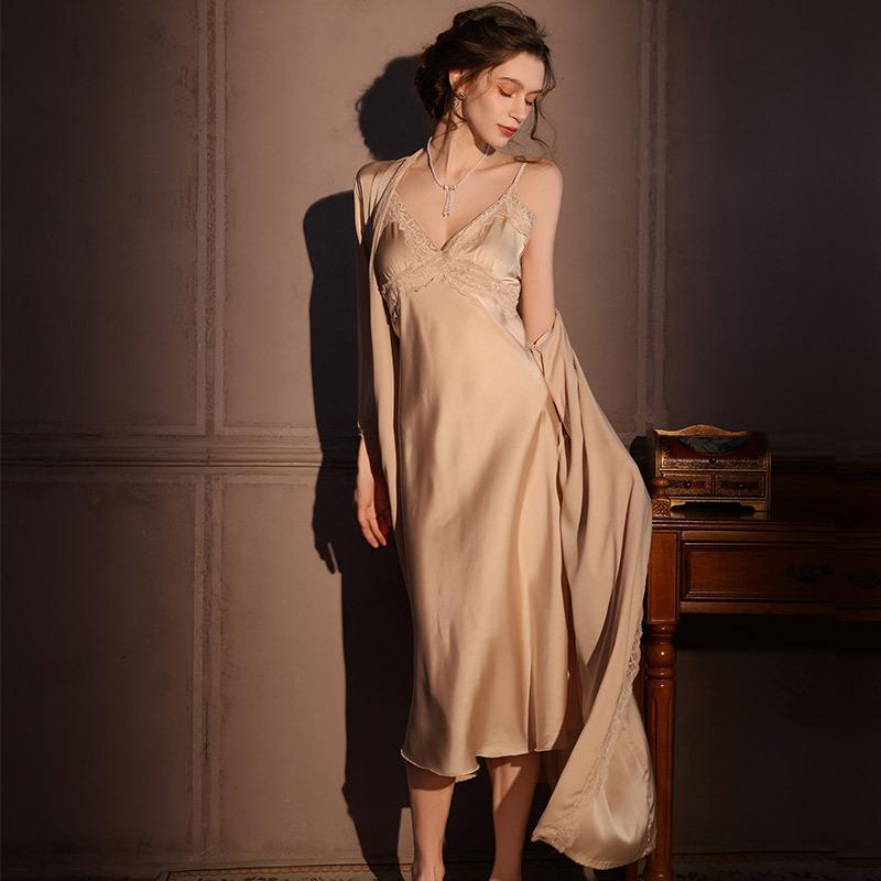 Women’s Sexy French Style Ice Silk Nightgown Spring Summer Fall Long Lace Camisole Sleep Dress Loungewear