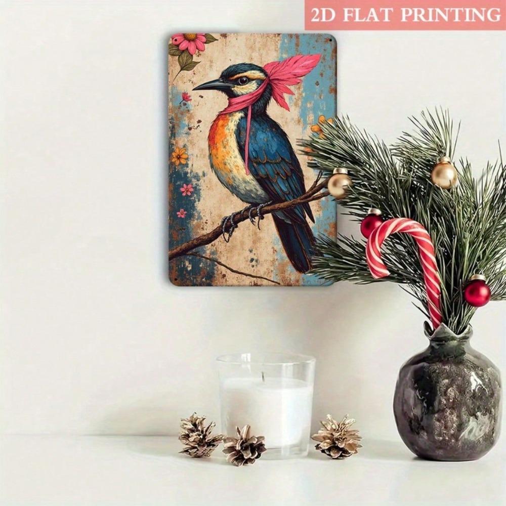 Vintage Bird & Floral Iron Wall Art, 8x12 Rustic Metal Plaque, Colorful Flowers, 2D Sign for Living Room