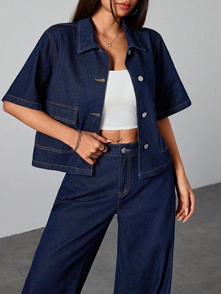 2026 Summer Short-Sleeved Denim Jacket with Large Pockets