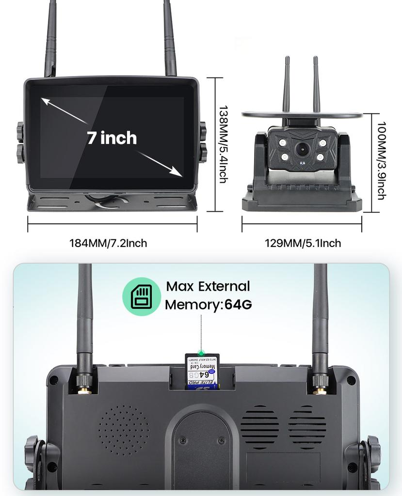Solar Energy 7'' DVR Recording Monitor Wireless Touch Screen Reverse Backup Camera Dual Antenna For Camper/Truck/Trailer/RVs/Bus