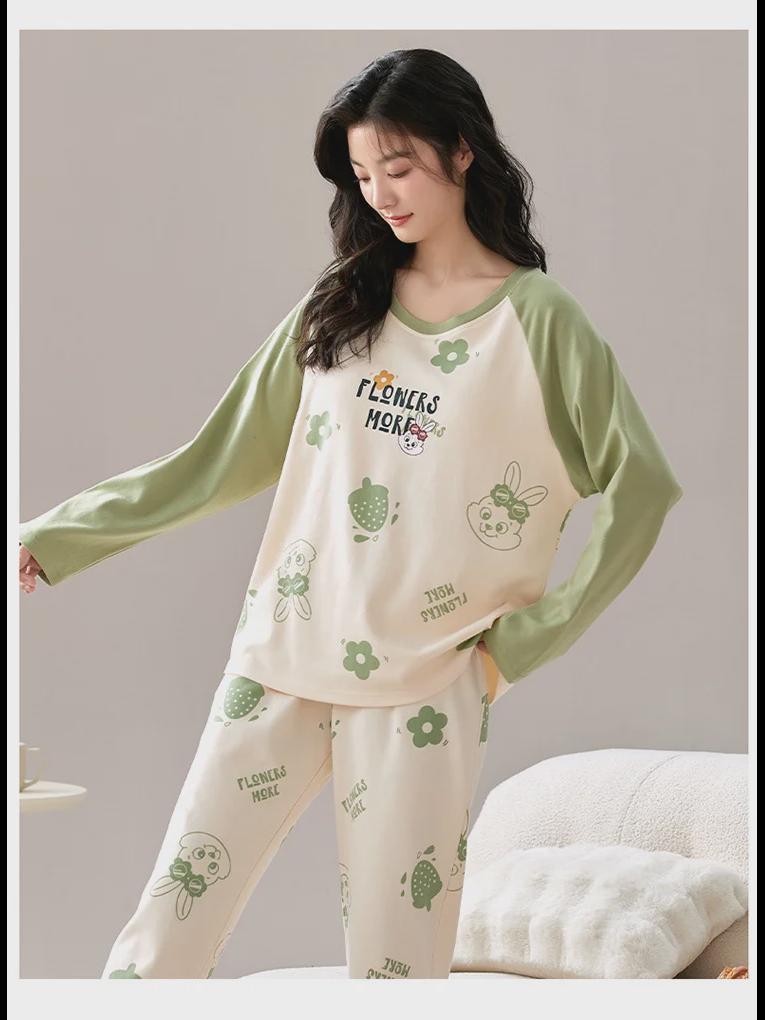 Women's Cartoon Long-Sleeve Pajamas with Chest Pads - Lightweight Home Loungewear for Autumn and Spring