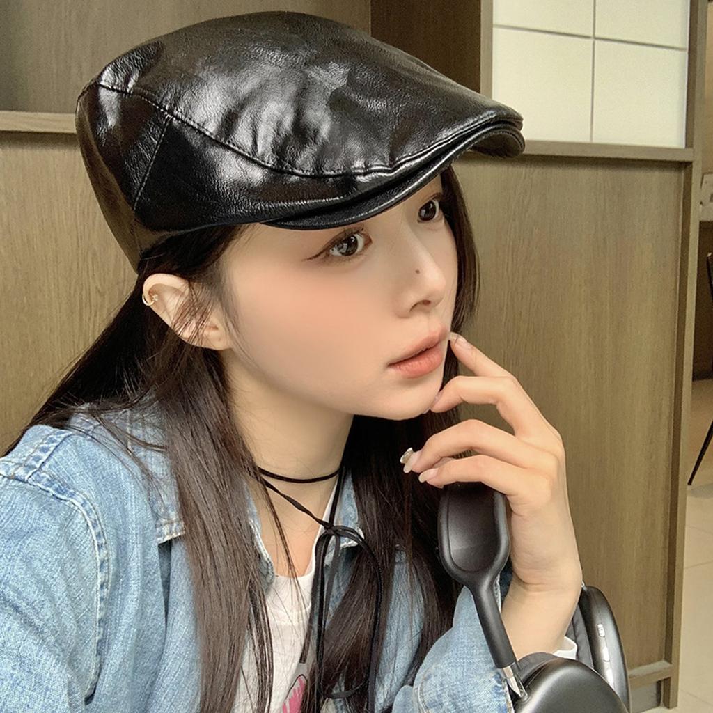 Women Solid Color PU Leather Beret Cap Retro Japanese Korean Girl Forward Caps Spring Autumn Newsboy Sunshade Peaked Hat