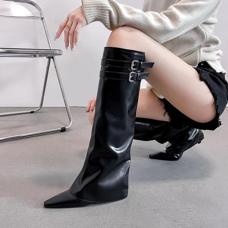 Nové zimní vysoce kvalitní dámské boty Módní špičatá jednobarevná přezka Rukávy na silném podpatku Dámské vysoké boty
