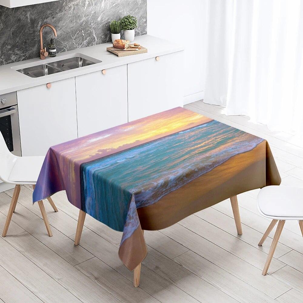 Tischdecke mit Meereslandschaft, Sonnenuntergang, schmutzabweisend, wasserdicht, rechteckig, für Küche, Esstisch, Heimdekoration