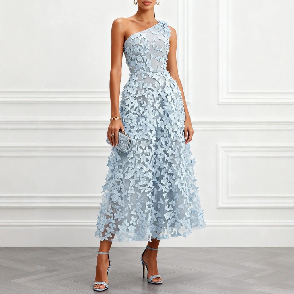 Summer new European and American style one-shoulder three-dimensional flower dress women's holiday style waist thin medium and long dress