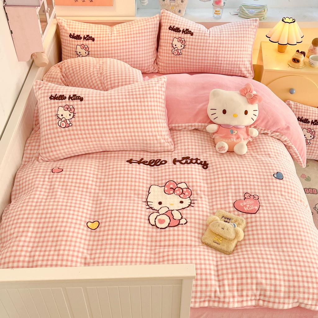 Cat Thickened Milk Fleece Four-Piece Set Cartoon Sticker Embroidered Fleece Quilt Cover Student Three-Piece Set