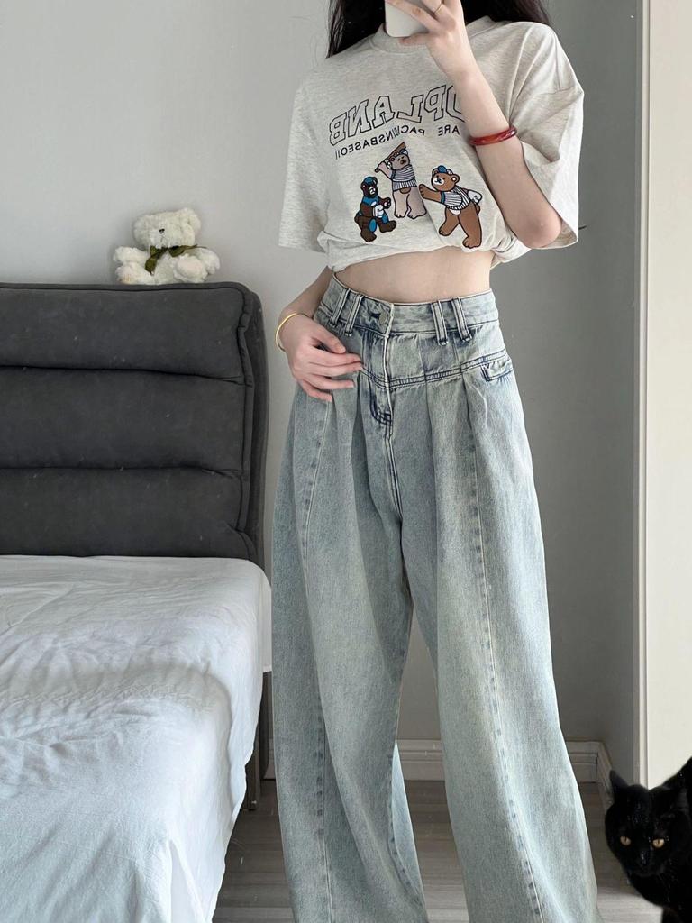 High-Waist Retro Drape Jeans for Women - Petite Loose Straight Wide-Leg Pants, Perfect for Spring & Autumn.