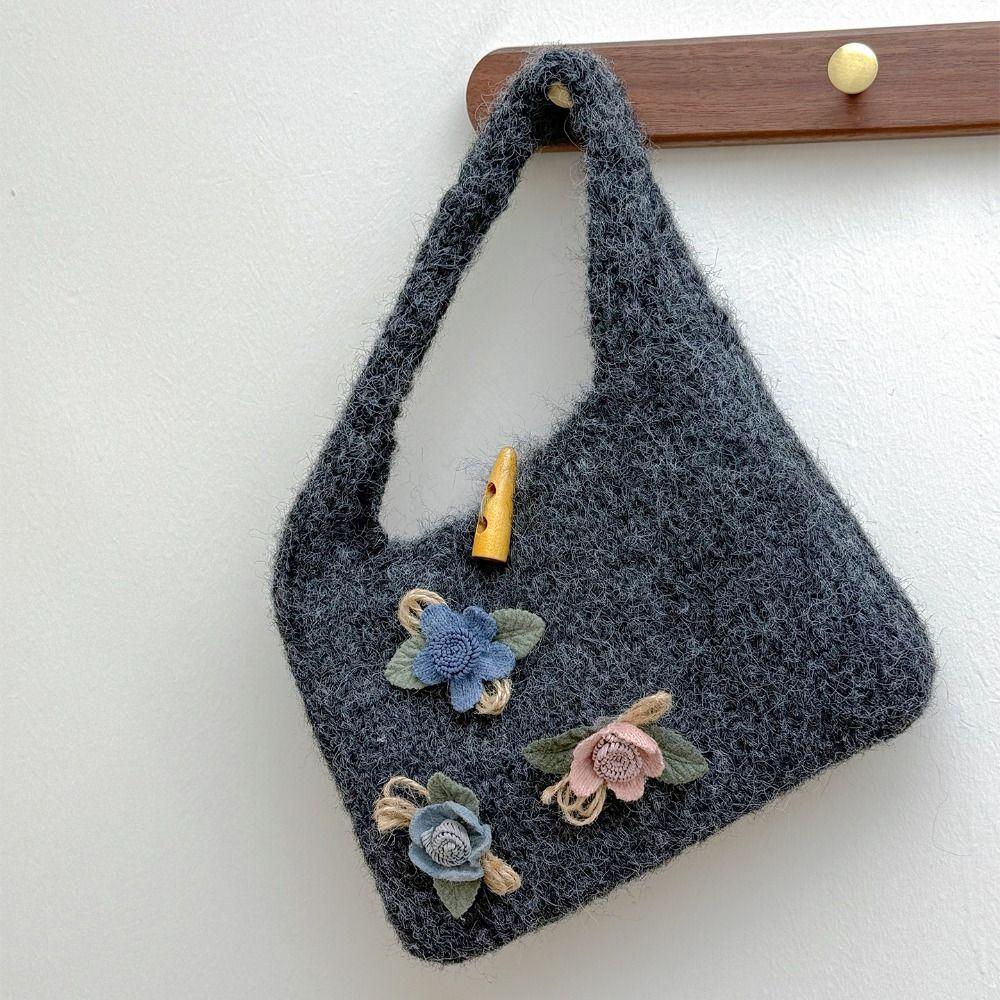 Horn Button Knitted Handbag Flower Phone Bag Casual Knitted Wrist Bag  Travel