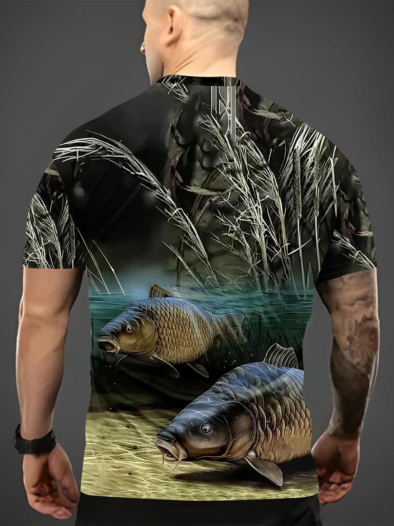 Men's 3D Carp Fishing T-Shirt - Breathable Summer Short Sleeve Round Neck Tee with Koi Fish Print, Casual Outdoor Wear Suitable for Fishing Trips,