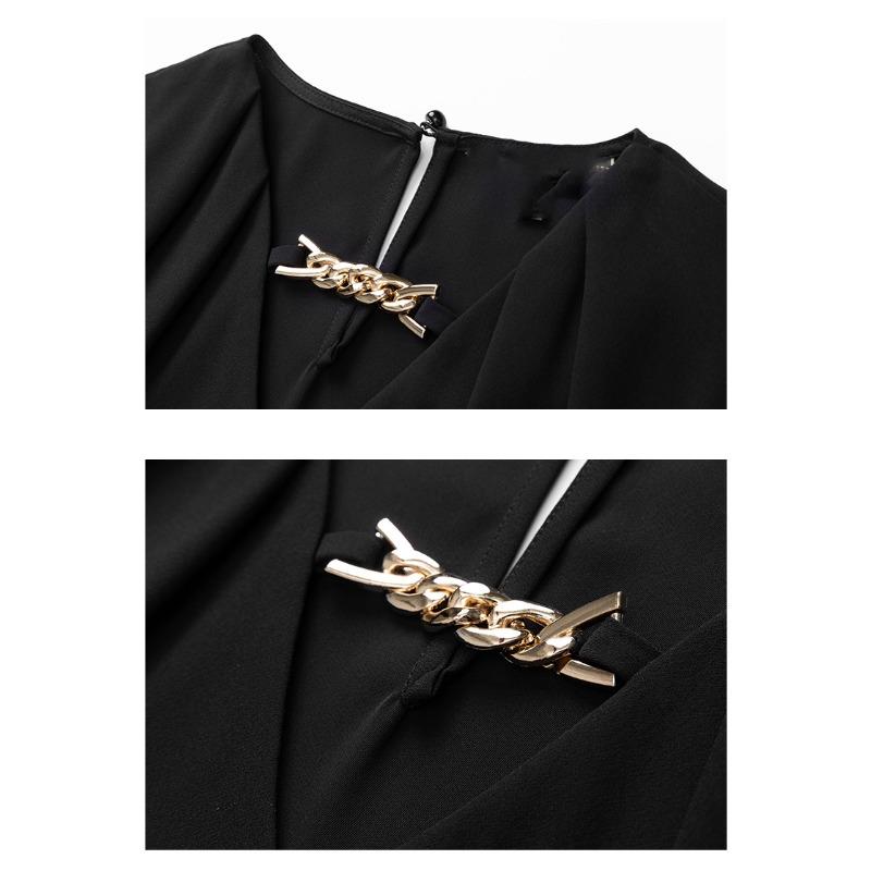 Fashion Elegant V Neck Chain Design Women Satin Shirt 2025 Spring Autumn Loose Long Sleeve Black Office Blouse Casual Simple Ladies Tops