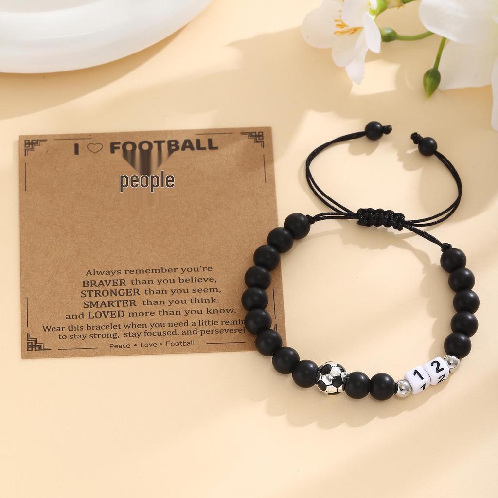 Men's Adjustable Black Matte Stone Beaded Bracelet - Football Number Birthday Gift