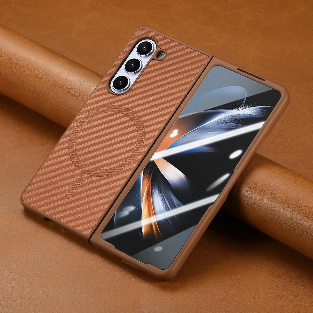 Magnetic Carbon Fiber Pattern Leather Case for Samsung Galaxy Z Fold 6 Fold5 4 Electroplated Frame Shell Film Integrated Cover