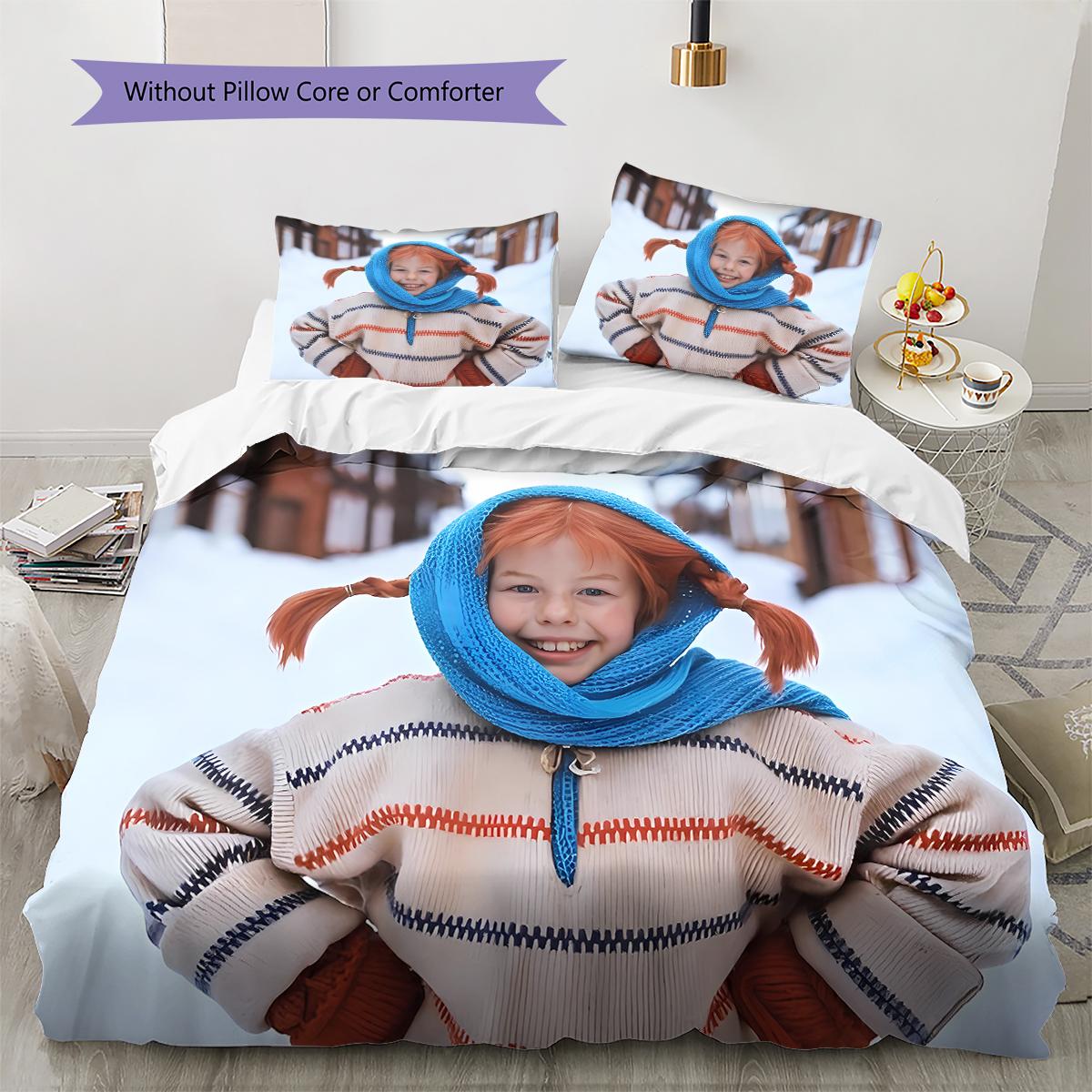 Pippi Langstrumpf Muster Bettwäsche, Steppbett Set Bettbezug Kissenbezug Zuhause Geburtstagsgeschenk (1 Bettbezug + 2 Kissenbezüge, ohne Füllung) 140x200cm