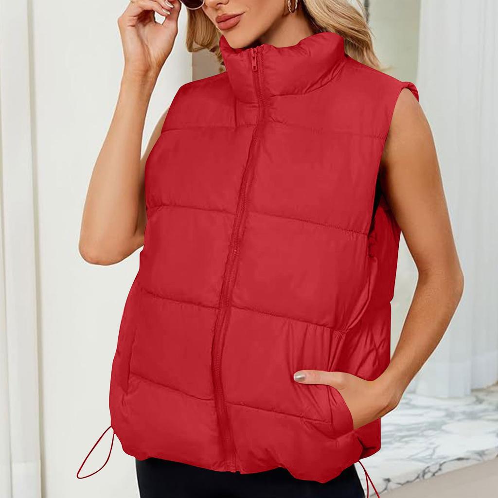 Dámská móda Stojací límec Bavlněná bunda bez rukávů Bunda na zip se zesílenou vestou