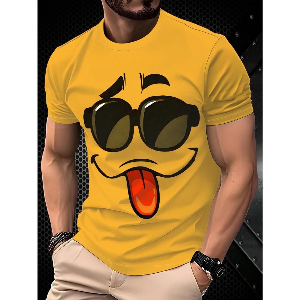 Herren Spaß 3D Gesichtsdruck Lässiges Rundhals Kurzarm T-Shirt, Lässiges Mode Sommer Kurzarm Oberteil. 100% Polyester, Leichter Stoff