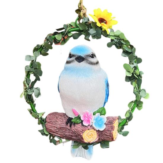 Bird On Wreath Figurine Resin Bird Hanging Decoration Garden Tree Hanging Bird Statue for Patio Porch Terrace Windows