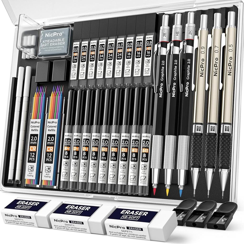 Set da 35 Pezzi di Matite Meccaniche da Disegno, 3 Pezzi Matite da Disegno Metalliche 0,5 mm & 0,7 mm & 0,9 mm e 3 Pezzi Portamine da 2 mm (6B 4B 2B HB 2H 4H