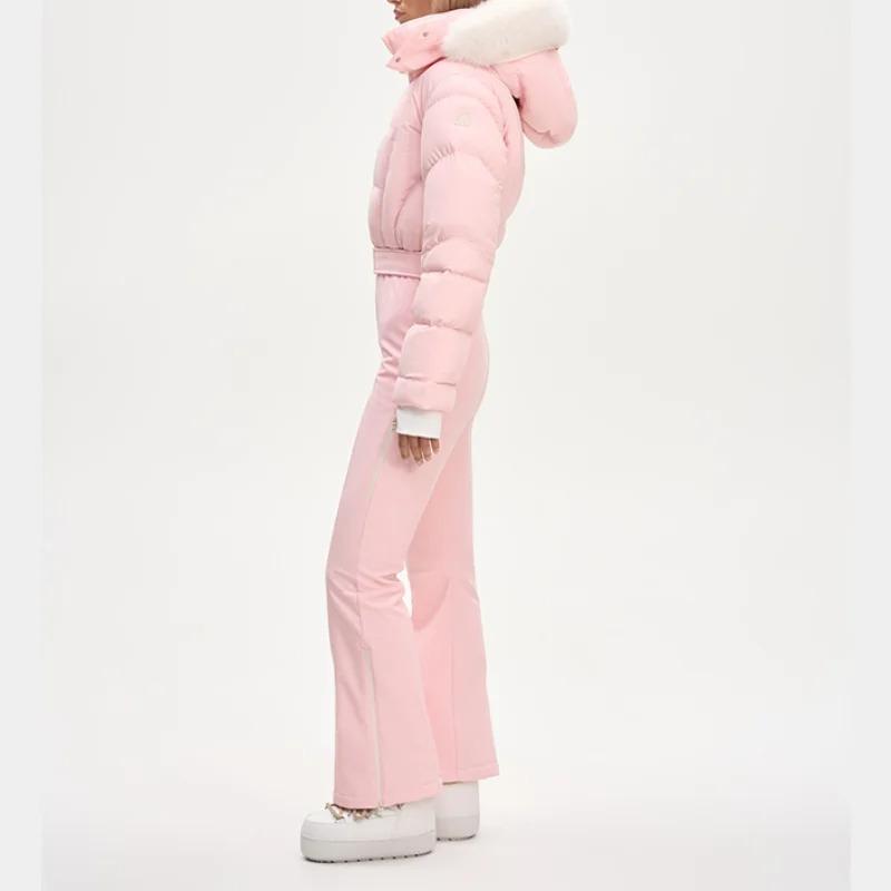 Thicken One-piece Ski Suit Women Faux Fur Hooded Tassels Coat High Waist Belt Jumpsuit Winter Windproof Waterproof