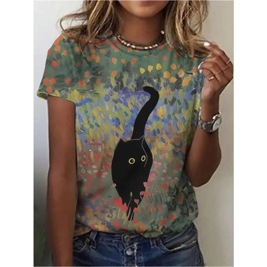 Женская футболка - Котёнок и Сердце «Звездная ночь», Милый Романтичный Дизайн Галактики для Повседневной Носки 6XL зелёный