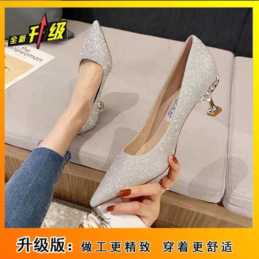 Champagne wedding shoes 2025 spring and autumn new bride main wedding shoes bridesmaid dress high heels actress crystal stiletto
