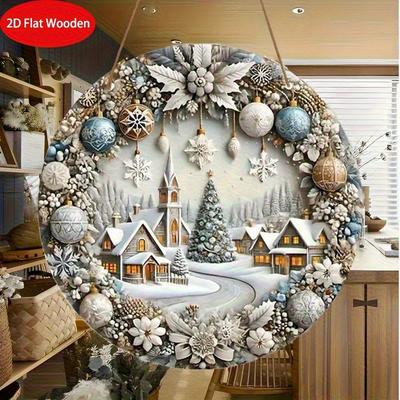 2D Flat, Winter Christmas Wooden Sign Relief Effect of Ice and Snow Town Christmas Wreath Sign for Front Door Wall Hanging Decor