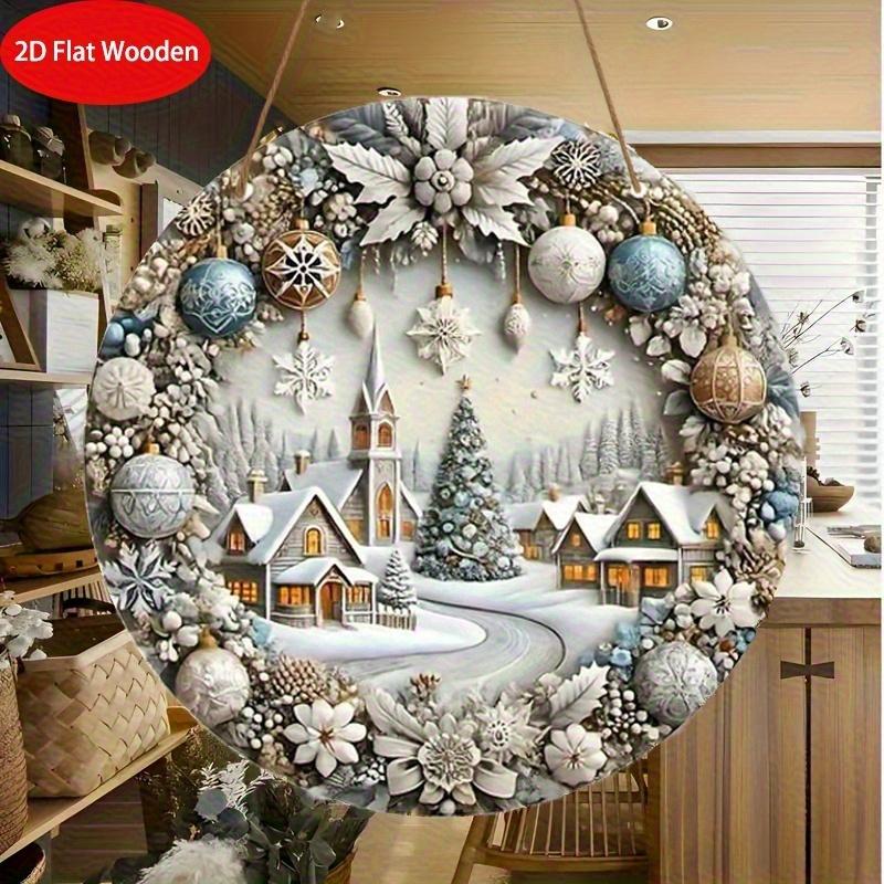 Winter Snow Town Relief Christmas Wreath Wooden Sign For Front Door Wall Hanging Decor