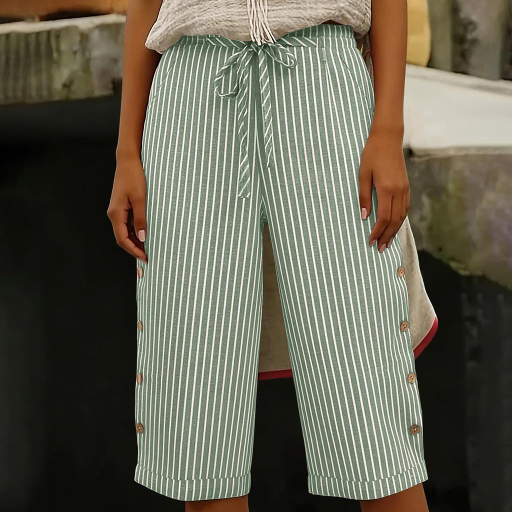 Dames Zomer Mode Gestreept Elastische Taille Vijfkwart Broek Casual Losse Zak Shorts