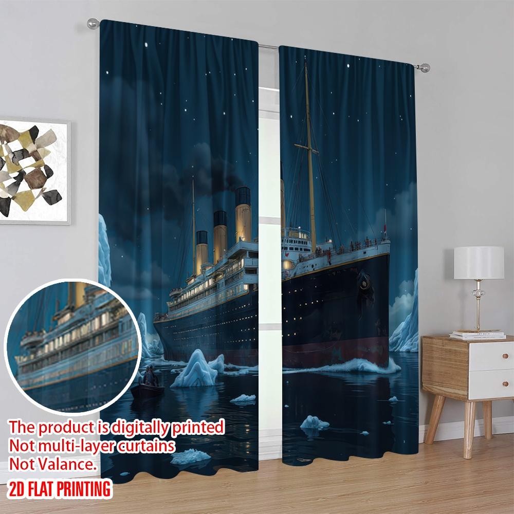 2D Flat Printing 2pcs Party Curtains Shipwreck 100% Polyester,Without Electricity Summer Party Decorations Perfect for Hotel