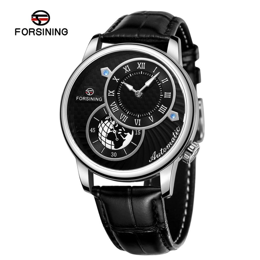 Forsining Men' S Mechanical Watch Fashion Double Dial Automatic Winding Men Wristwatches Sport Genuine Leather Clock For Man